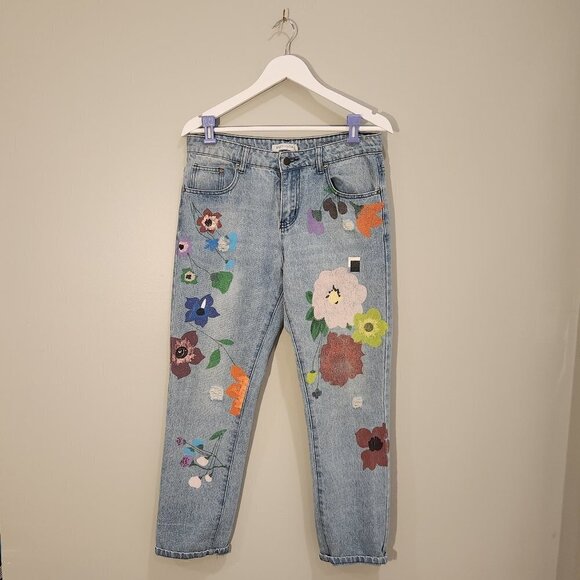 MISSLOOK Painted Floral Denim Ankle Jeans - Size M - Picture 1 of 6